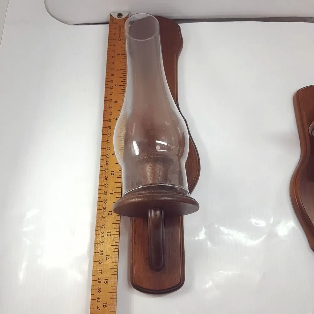 Vintage Three Mountaineers wood wall Sconces set Candle Holders glass hurricane